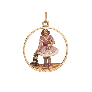 Young Child with Dog Vintage Charm 14k Gold Enamel Pendant Estate Fine Jewelry