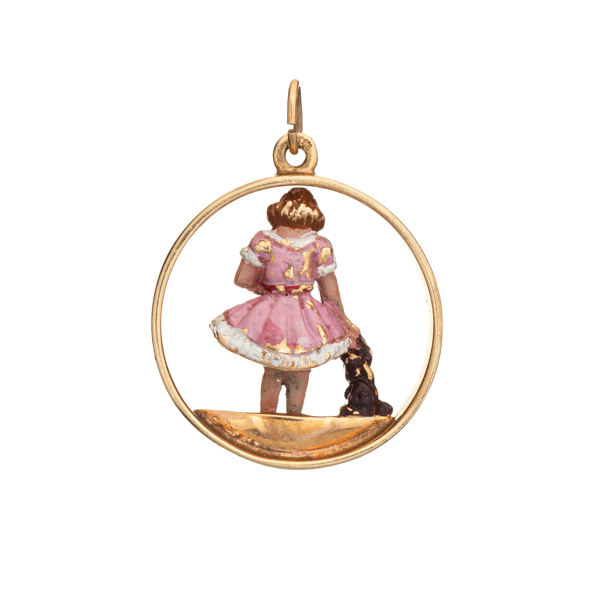 Young Child with Dog Vintage Charm 14k Gold Enamel Pendant Estate Fine Jewelry